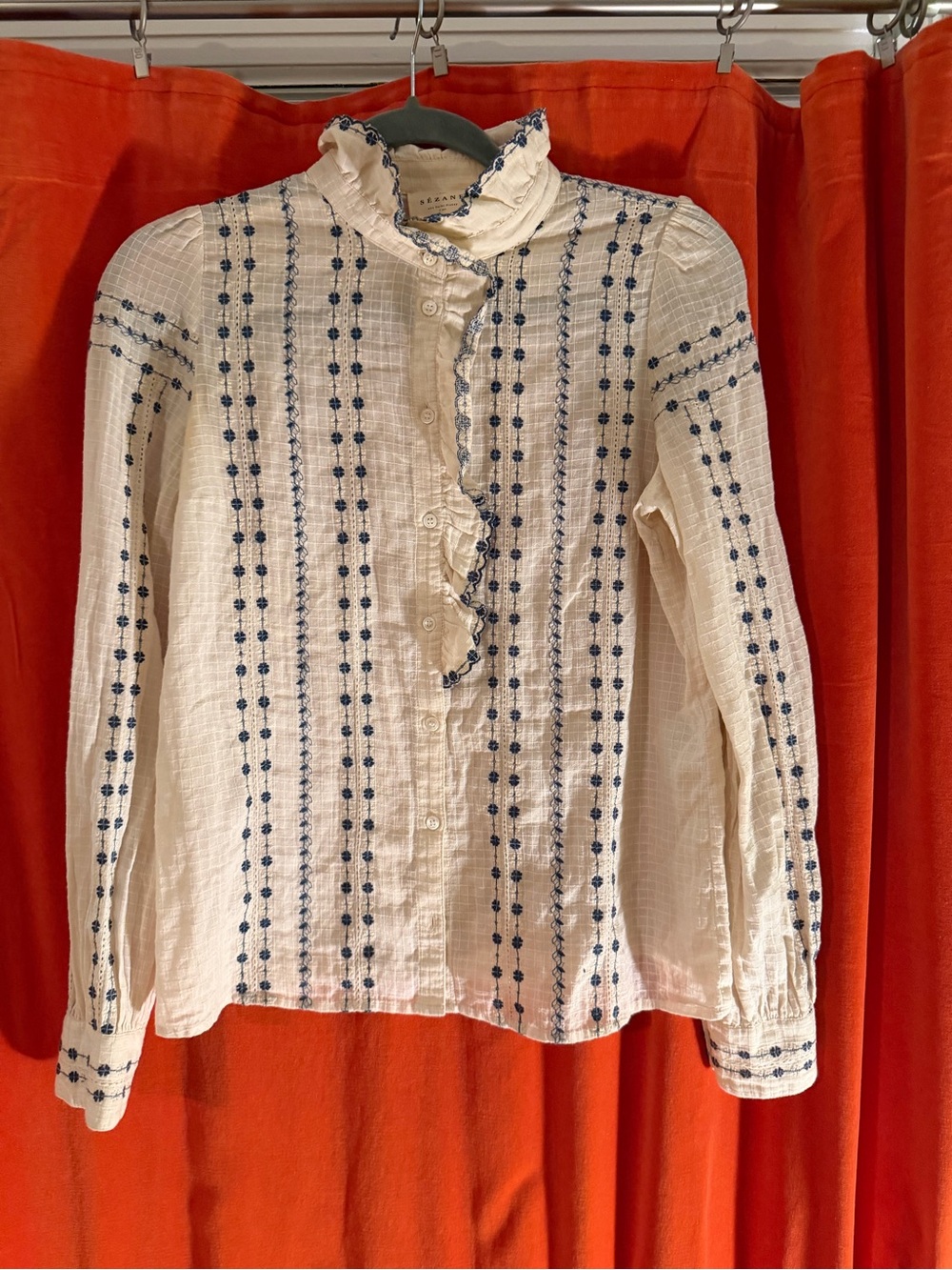 Sezane Cream Blouse with Navy Embroidered Stripes